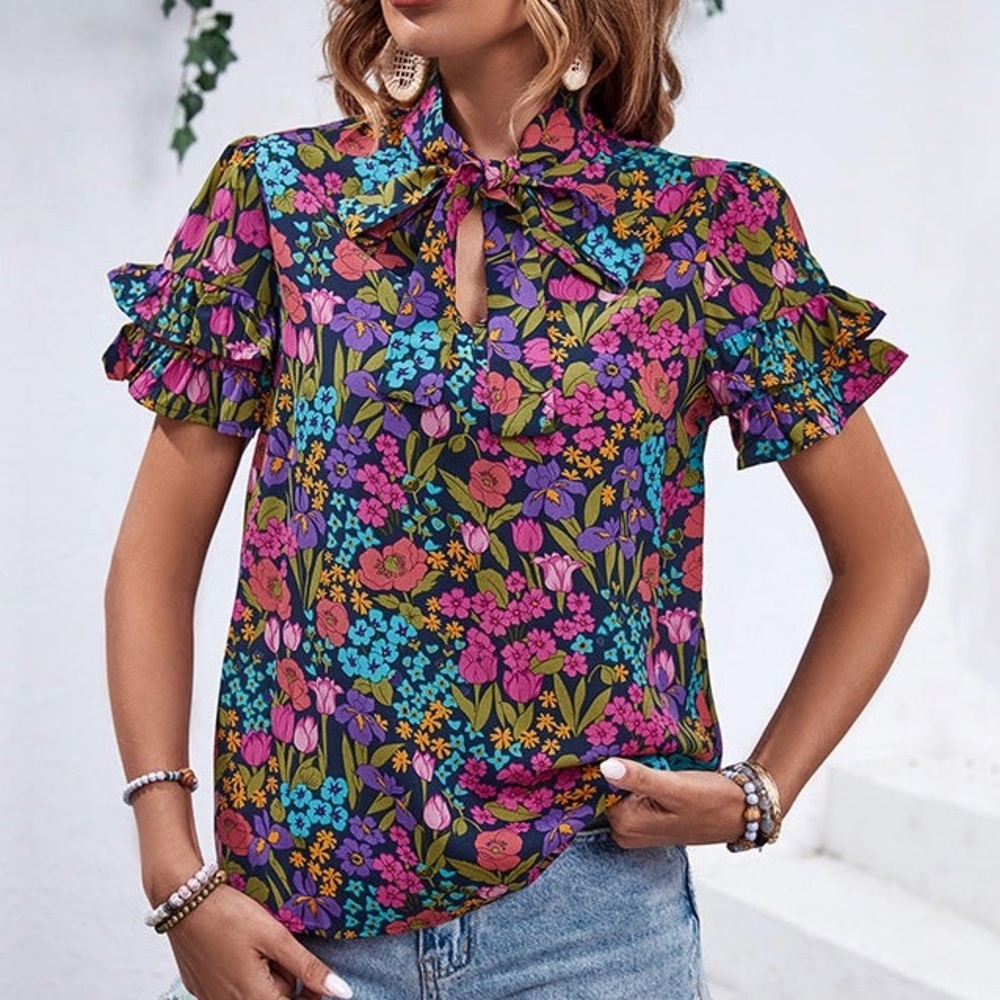 Floral Tie Neck + Ruffle Sleeve Blouse